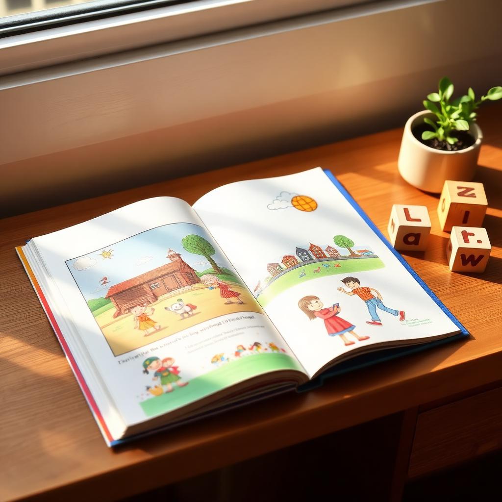 Livro infantil aberto ao lado de blocos com letras do alfabeto